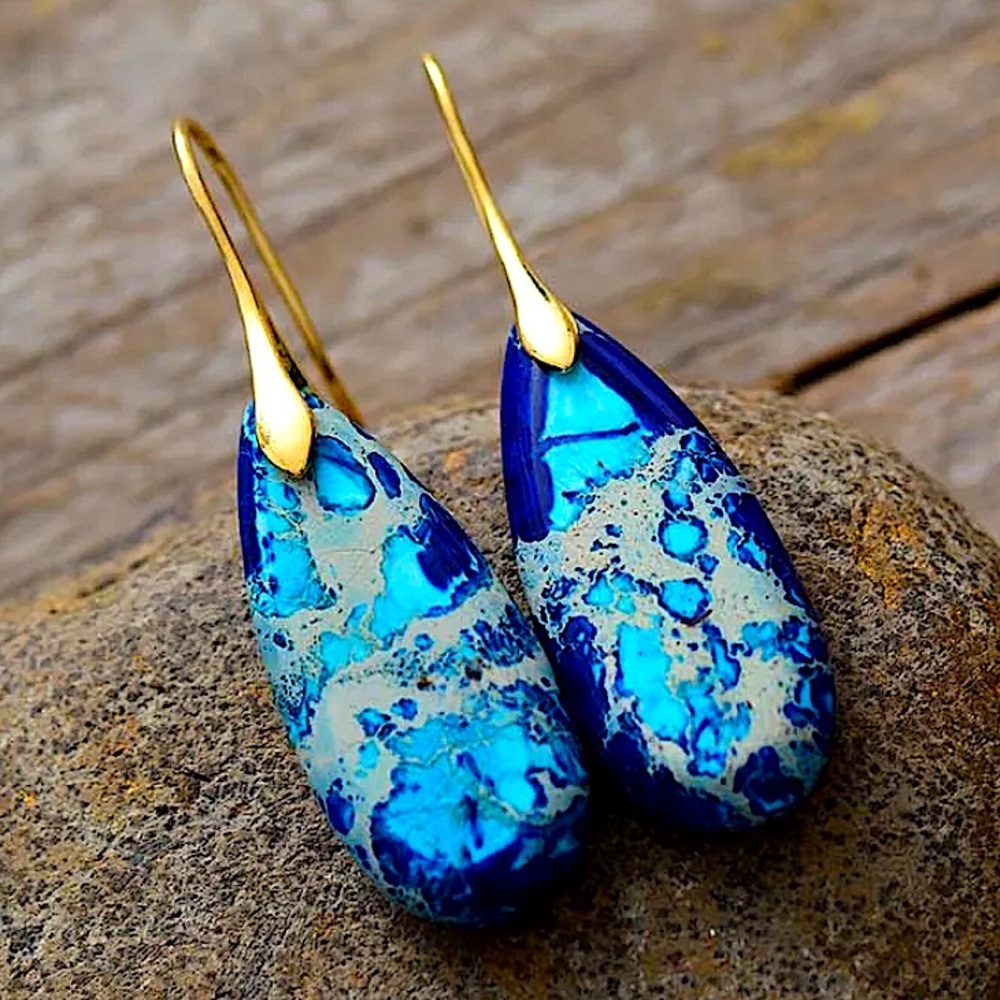 Imperial Jasper Stone Earrings Blue Gold - Picture 3 of 3